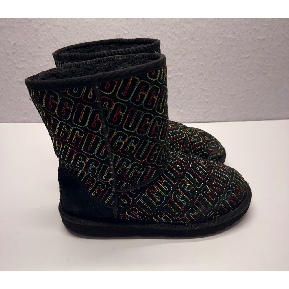 UGG Kids Classic Short Logo Embroidery Black Multi Color Boots 1112383K Size 4